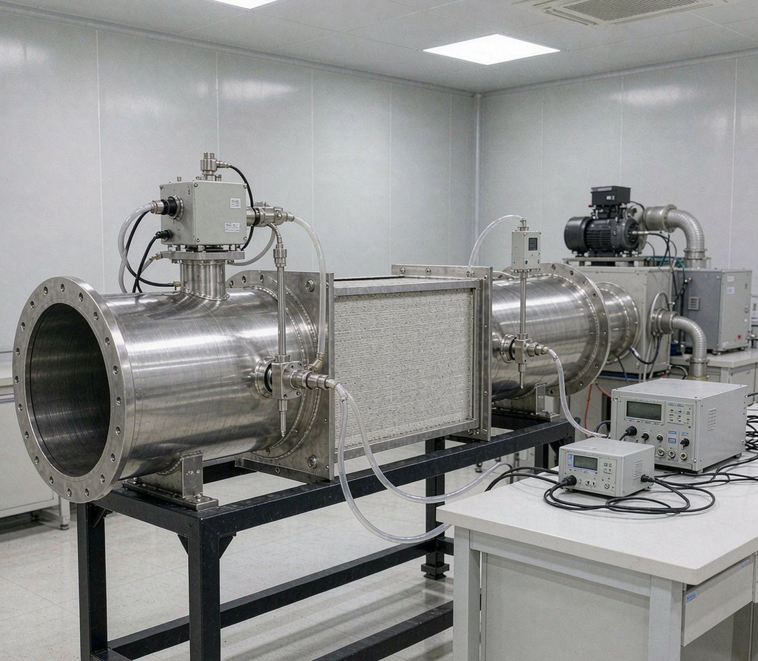 微生物气溶胶拦截效率风道测试装置示意，含雾化发生器与采样端口